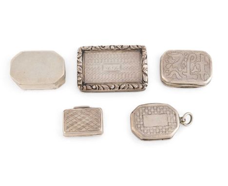 A collection of five antique silver vinaigrettes,including one by Nathaniel Mills, Birmingham 1829, engine-turned decoration,