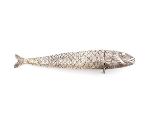 A 19th century continental silver fish scent flask,pseudo marks,modelled as a fish with engraved scale decoration, a moulded-