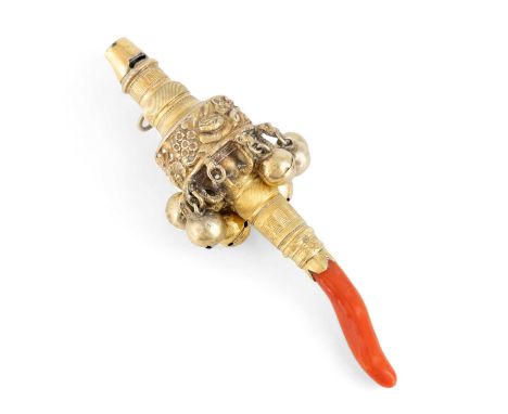 λ A George IV silver-gilt baby's rattle, whistle and teether,by Charles Rawlings, London 1820,baluster and tapering circular 