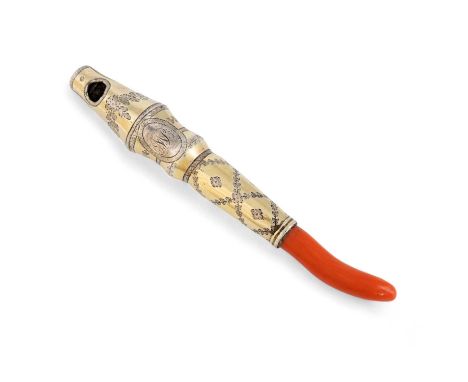 λ A George III silver-gilt baby's whistle and teether, maker's mark of WB, London circa 1790, baluster form, engraved foliate