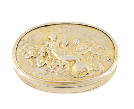 A George III silver-gilt snuff box, by Phipps and Robinson, London 1810, oblong form, the cover with a cast scene of a reclin
