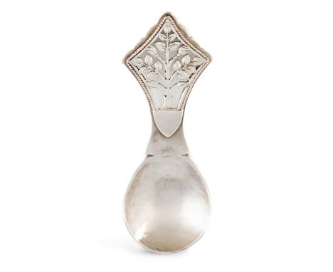 By H. G. Murphy, An Arts and Crafts silver Tree of Life caddy spoon, London 1929, also with the falcon mark, pierced tree han
