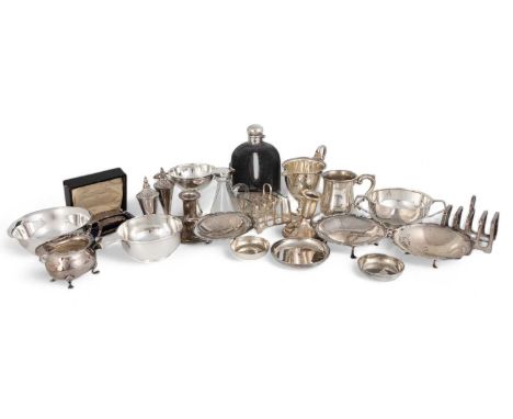 A mixed lot of silver items,comprising: a George III cream jug by James Mince, London 1795, three footed dishes, a pair of to