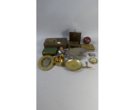 A Tray of Curios to Include Vintage Cricket Ball, Hip Flask, Wine Saver Cork, Magnifying Glass, Vintage Tins, Miniature etc 