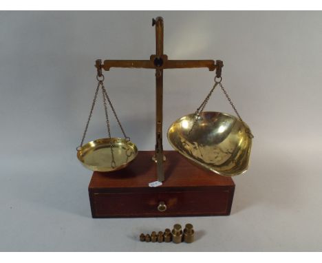 A Late 19th/Early 20th Century Set of Brass Pan Scales on Wooden Plinth with Long Drawer Containing Weights, Class A-B to Wei