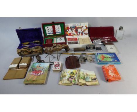 A Tray of Curios to Include Two Drift Wood Cork Screws, Drawing Set, Playing Cards, Scales, Cigarette Lighters 