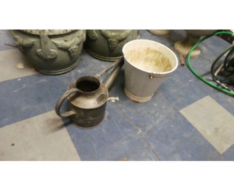 A Vintage One Gallon Galvanised Iron Watering Can and a White Enamelled Bucket 