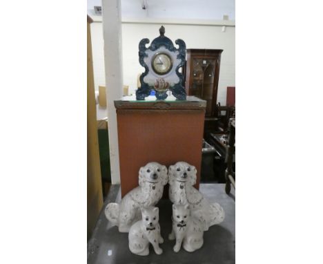 A Vintage Loom Style Linen Box, Pair of Repro Staffordshire Cats and a Ceramic Clock 