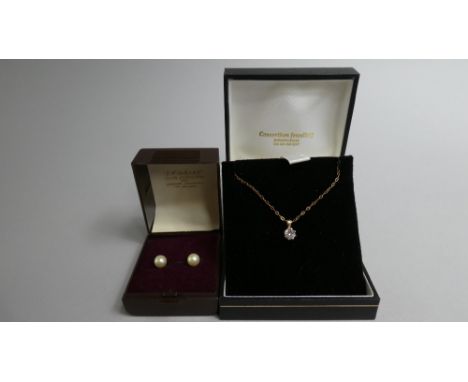 A 9ct Gold Chain with White Solitaire and Pair of Pearl Earrings 