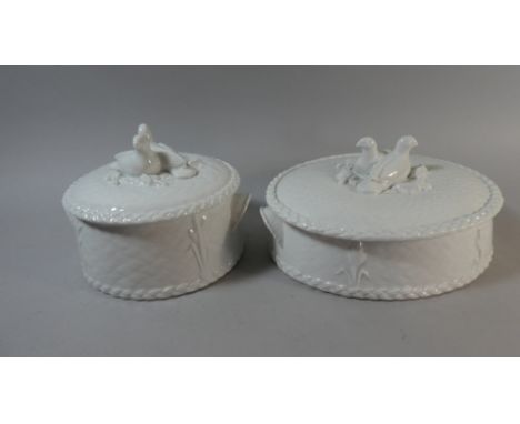 Two White Glazed Royal Worcester Oven to Table Game Pots with Bird Finials 