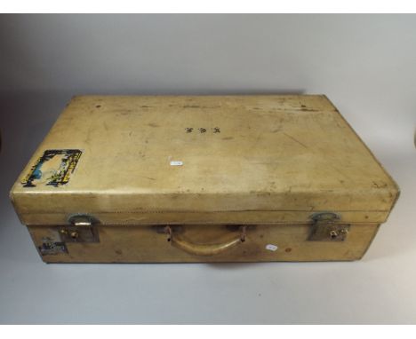 A Vintage Velum Suitcase with Italian Paper Labels, 71.5cm Wide Monogrammed I E F 