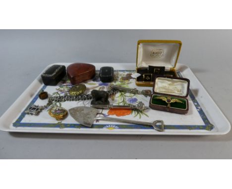 A Tray of Curios to Include RAF Sweetheart Brooch, Cased Cufflinks, Snuff Boxes, Silver Plate, Costume Jewellery etc 