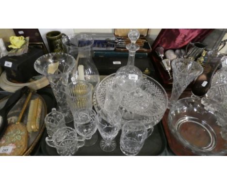A Tray of Glassware to Include Etched Decanter, Vases, Drinking Glasses, Fruit Bowls etc 