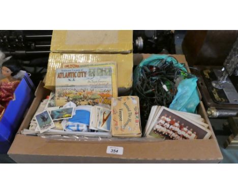 A Box Containing Christmas Lights, Vintage Football Team Postcards, Teacards, American Souvenir Postcards etc 