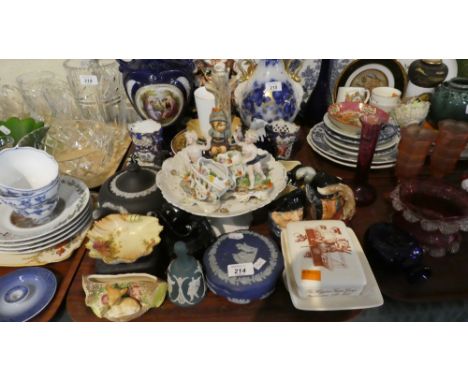 A Tray Containing Wedgwood Jasperware Including Black Teapot, Continental Cherub Ornaments, Royal Doulton Character Jugs, Goe