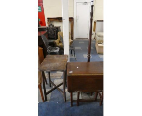 A Mahogany Standard Lamp, Drop Leaf Occasional Table and An Oak Table 