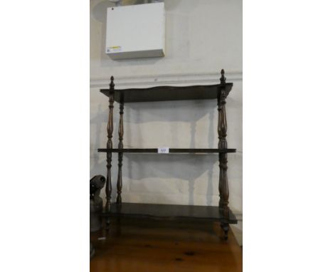A Modern Three Tier Wall Hanging Shelf Unit, Turned Supports, 49cm wide 
