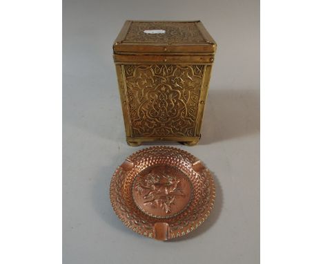 A Brass North African Tea Caddy with Embossed Islamic  Decoration Together with Copper Ashtray Decorated with Stag 