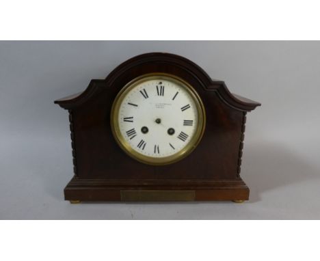 An Edwardian Mahogany Mantle Clock with Presentation Plaque Having White Dial Inscribed For Goldsmith and Silversmith Company