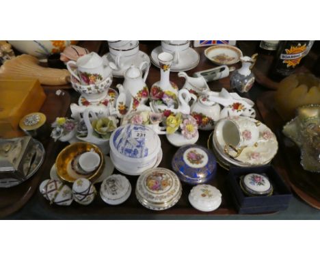 A Collection of Rose Patterned Ornaments to Include Swan, Vases, Watering Can, Sewing Machine Together with Ceramic Lidded Bo