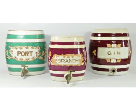 Three Lumley &amp; Co. ceramic spirit barrels to include, Port (33 x 25 cm), Brandy (30 x 20 cm) and Gin (35 x 25 cm), two wi