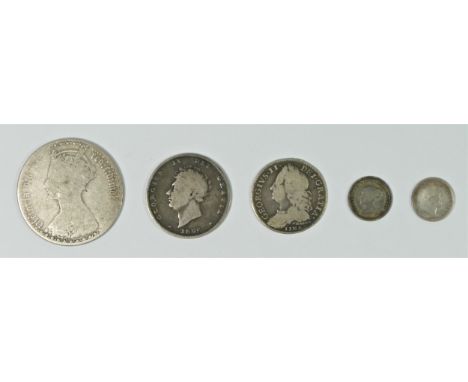 William IV, 1 1/2d, 1836, Victoria, 1 1/2d 1843, George II, LIMA, shilling, 1776, George IV, shilling, 1826, Victoria, floria