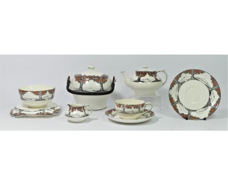 A Crown Ducal Art Deco Orange Tree (A1211) pattern part tea service to include, teapot (12 x 15 cm), teapot stand (4 x 16 cm)