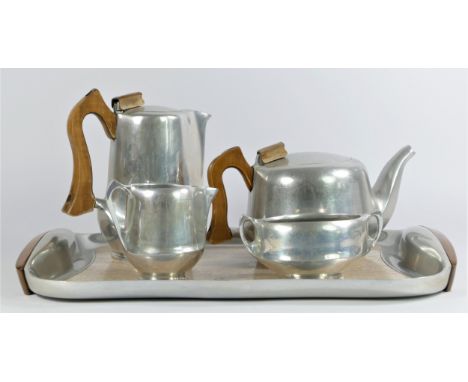 A Picquot Ware magnesium-aluminium alloy five piece tea service, mid 19th century, comprising tea pot, hot water pot, sugar b