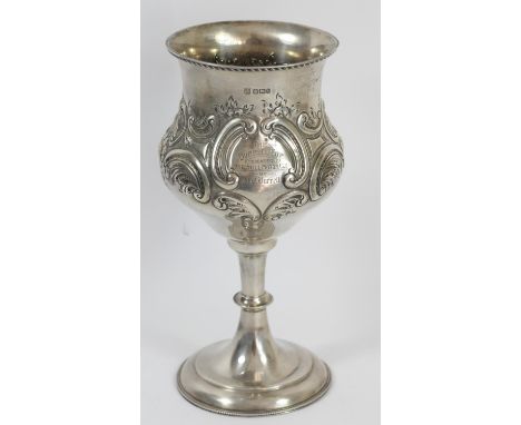 Of Hull Motor Club interest; a Victorian silver goblet trophy cup, by James Deacon & Sons, Sheffield 1900, with floral and sc