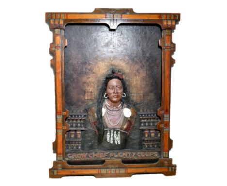 Brian Tozer (b.1944). Crow Chief, Plenty Coups, stoneware clay ceramic tile adhesive, painted wood frame, 133 x 102cm. Tozer 