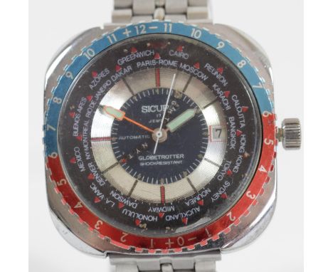 Sicura Globetrotter, a stainless steel GMT date automatic gentleman's wristwatch, cal 158, 17 jewel unadjusted movement, bran