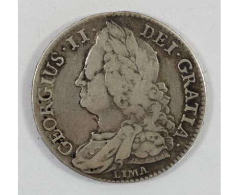 George II, half crown, 1745, LIMA below bust, FThe word "LIMA" below the king's bust represents that the silver, captured fro