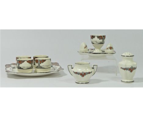 A Crown Ducal Art Deco Orange Tree (A1211) pattern part breakfast service to include, four egg cups (5 x 4 cm) and plate (17 