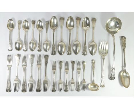 A George III Scottish silver single struck Kings pattern canteen of flatware for six place settings, by Wm over AM, Glasgow, 
