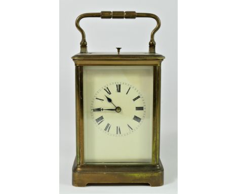 Richard & Cie, Paris, a French brass cased repeating and striking carriage clock, the enamel dial with blued steel hands, the