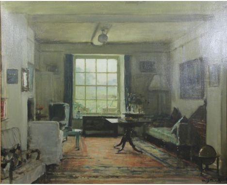 Fred Elwell, R.A. (1870-1958), Drawing Room, Masham (or The Green Room), oil on canvas, signed lower right hand, 63 x 76cm. A