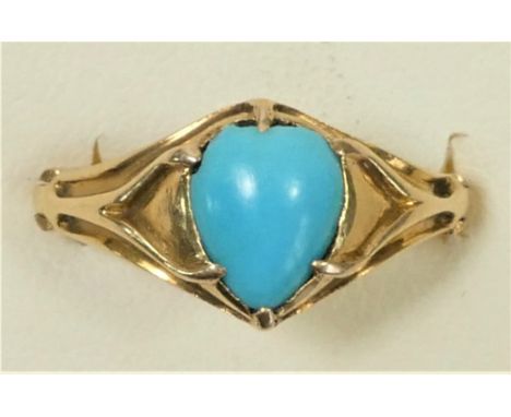 An 18ct gold Art Nouveau turquoise expending ring, claw set with a heart shape stone, sinuous shoulders, to an expanding shan