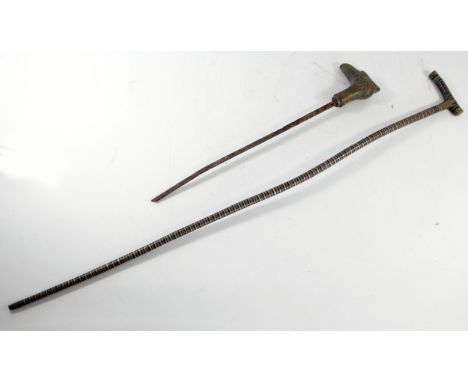 A 19th century brass and multi coloured flexible sectional plantation cane, 68cm, together with a brass eagle head handle fro