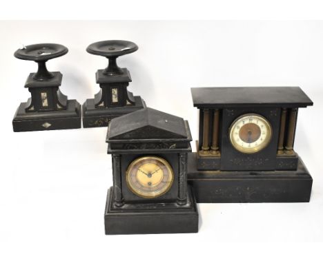 Two Victorian slate mantel clocks in architectural-style cases, one with a gilt and ivorine dial set with Roman numerals and 