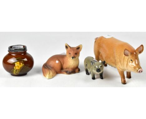 ROYAL DOULTON; a model of a sow, 8 x 16cm, a grey piglet, a Dickens squat baluster vase with image of his character 'Mr Sam W