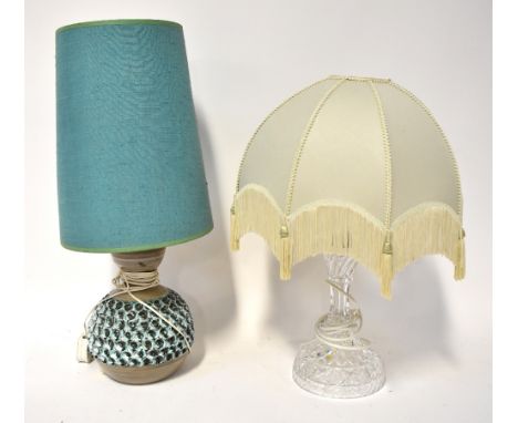 A cut glass table lamp of bell form with crosshatch cutting and a band of star rosettes, together with a retro 1970s studio p