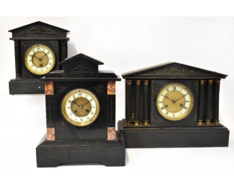 Three Victorian slate mantel clocks in architectural-style cases, one with ivorine Arabic chapter ring with pink marble detai