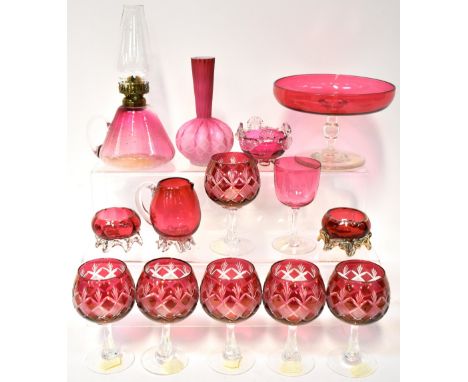 Various items of red and cranberry glass to include a small handheld night light with tapered cranberry font and clear strap 