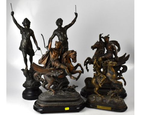 Five early 20th century bronzed spelter figures, all depicting Classical themes and figures, including Hermes and one other o