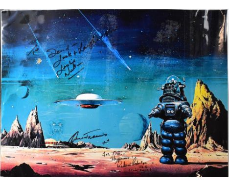 FORBIDDEN PLANET; a coloured print for the film, inscribed 'To David' and bearing the signatures of Leslie Nielsen, Richard A