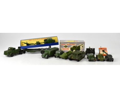 A quantity of diecast army vehicles to include boxed Dinky Recovery Tractor 661, 10 Ton Army Truck 662 and Medium Artillery T