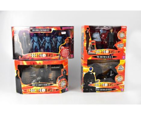 Four boxed Doctor Who sets comprising 'Army of Ghosts' figure set, including one Mickey Smith figure, one Dalek Thay, one Gen