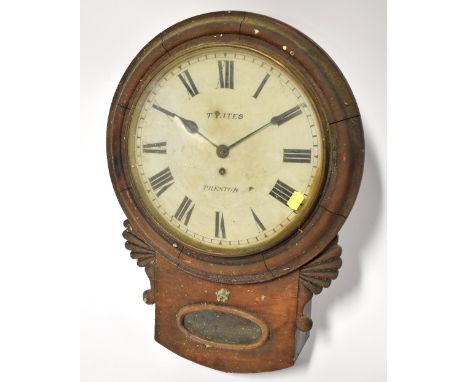 T YATES OF PRESTON; a late 19th/early 20th century mahogany cased drop dial wall clock, the white circular dial set with Roma