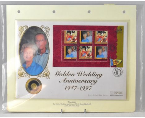 A Golden Wedding Anniversary 1947-1997 coin first day cover, comprising a 1997 Royal Mint 24ct gold Guernsey Golden Wedding c