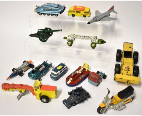 A large collection of diecast vehicles to include Dinky, Matchbox, Tonka and Corgi cars, wagons, military vehicles, artillery